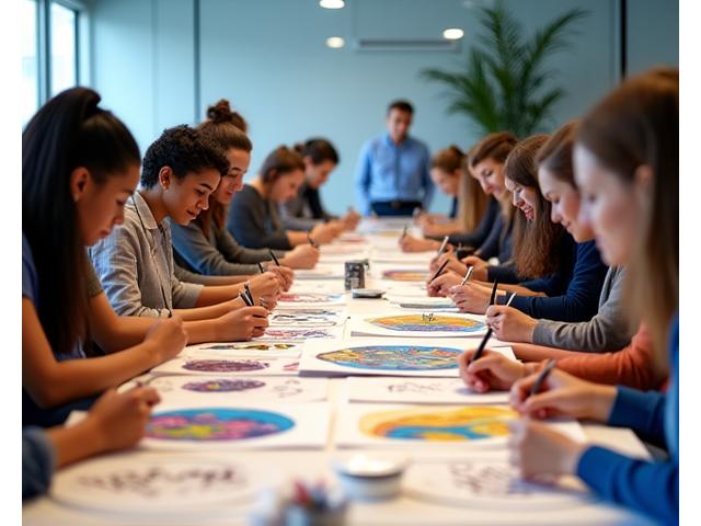 Corporate team building calligraphy workshop with employees collaborating on group art project