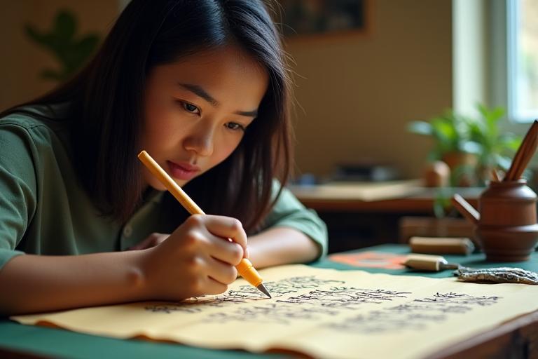 Filipino calligraphy artist demonstrating traditional scripts in Metro Manila workshop