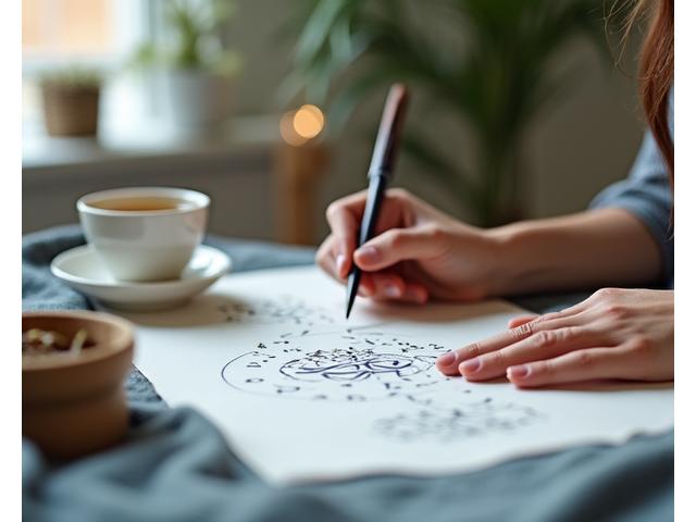 Mindful calligraphy meditation session showing peaceful creative practice for wellness